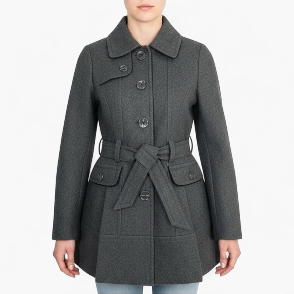 Laundry by Shelli Segal Gray Belted Peacoat Size 4 Tailored Classic